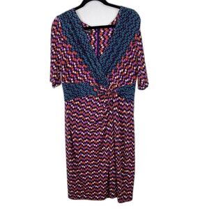 Jones New York Fit & Flare Quarter Sleeve Faux Wrap Patterned Dress Purple Sz 16